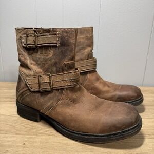 Bed Stu Leather Boots Mens 9 Double Buckle Side Zip Brown Biker Distressed Lined